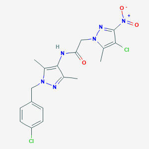 molecular formula C18H18Cl2N6O3 B444083 N-[1-(4-chlorobenzyl)-3,5-dimethyl-1H-pyrazol-4-yl]-2-{4-chloro-3-nitro-5-methyl-1H-pyrazol-1-yl}acetamide 