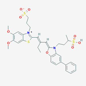 molecular formula C34H38N2O9S3 B044410 Benzoxazolium, 2-(2-((5,6-dimethoxy-3-(3-sulfopropyl)-2(3H)-benzothiazolylidene)methyl)-1-butenyl)-5-phenyl-3-(3-sulfobutyl)-, hydroxide, inner salt CAS No. 125301-98-6