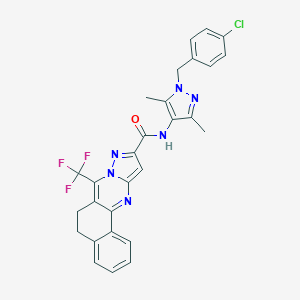 molecular formula C28H22ClF3N6O B444114 N-[1-(4-chlorobenzyl)-3,5-dimethyl-1H-pyrazol-4-yl]-7-(trifluoromethyl)-5,6-dihydrobenzo[h]pyrazolo[5,1-b]quinazoline-10-carboxamide 
