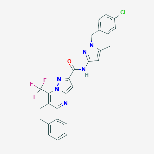 molecular formula C27H20ClF3N6O B444115 N-[1-(4-chlorobenzyl)-5-methyl-1H-pyrazol-3-yl]-7-(trifluoromethyl)-5,6-dihydrobenzo[h]pyrazolo[5,1-b]quinazoline-10-carboxamide 