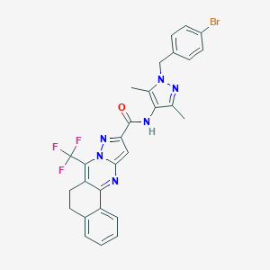 molecular formula C28H22BrF3N6O B444125 N-[1-(4-bromobenzyl)-3,5-dimethyl-1H-pyrazol-4-yl]-7-(trifluoromethyl)-5,6-dihydrobenzo[h]pyrazolo[5,1-b]quinazoline-10-carboxamide 