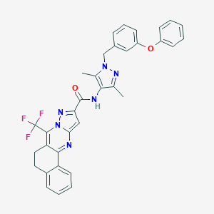 molecular formula C34H27F3N6O2 B444143 N-[3,5-dimethyl-1-(3-phenoxybenzyl)-1H-pyrazol-4-yl]-7-(trifluoromethyl)-5,6-dihydrobenzo[h]pyrazolo[5,1-b]quinazoline-10-carboxamide 