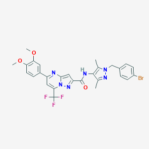 molecular formula C28H24BrF3N6O3 B444218 N~2~-[1-(4-BROMOBENZYL)-3,5-DIMETHYL-1H-PYRAZOL-4-YL]-5-(3,4-DIMETHOXYPHENYL)-7-(TRIFLUOROMETHYL)PYRAZOLO[1,5-A]PYRIMIDINE-2-CARBOXAMIDE 
