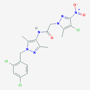 molecular formula C18H17Cl3N6O3 B444247 2-(4-CHLORO-5-METHYL-3-NITRO-1H-PYRAZOL-1-YL)-N~1~-[1-(2,4-DICHLOROBENZYL)-3,5-DIMETHYL-1H-PYRAZOL-4-YL]ACETAMIDE 