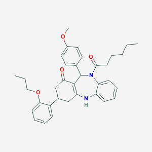 molecular formula C35H40N2O4 B444437 10-hexanoyl-11-(4-methoxyphenyl)-3-(2-propoxyphenyl)-2,3,4,5,10,11-hexahydro-1H-dibenzo[b,e][1,4]diazepin-1-one 