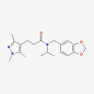 molecular formula C20H27N3O3 B4445733 N-(1,3-benzodioxol-5-ylmethyl)-N-isopropyl-3-(1,3,5-trimethyl-1H-pyrazol-4-yl)propanamide 