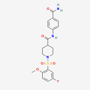 molecular formula C20H22FN3O5S B4449426 N-(4-CARBAMOYLPHENYL)-1-(5-FLUORO-2-METHOXYBENZENESULFONYL)PIPERIDINE-4-CARBOXAMIDE 