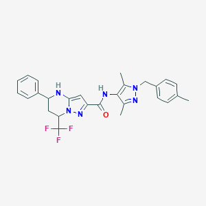 molecular formula C27H27F3N6O B445124 N-[3,5-dimethyl-1-(4-methylbenzyl)-1H-pyrazol-4-yl]-5-phenyl-7-(trifluoromethyl)-4,5,6,7-tetrahydropyrazolo[1,5-a]pyrimidine-2-carboxamide 