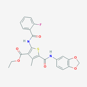 molecular formula C23H19FN2O6S B445184 ETHYL 5-[(2H-1,3-BENZODIOXOL-5-YL)CARBAMOYL]-2-(2-FLUOROBENZAMIDO)-4-METHYLTHIOPHENE-3-CARBOXYLATE 