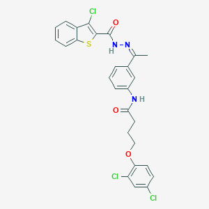 molecular formula C27H22Cl3N3O3S B445281 N-(3-{N-[(3-chloro-1-benzothien-2-yl)carbonyl]ethanehydrazonoyl}phenyl)-4-(2,4-dichlorophenoxy)butanamide 