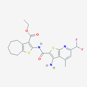 molecular formula C22H23F2N3O3S2 B445359 ethyl 2-({[3-amino-6-(difluoromethyl)-4-methylthieno[2,3-b]pyridin-2-yl]carbonyl}amino)-5,6,7,8-tetrahydro-4H-cyclohepta[b]thiophene-3-carboxylate 