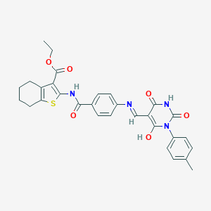 molecular formula C30H28N4O6S B445410 ethyl 2-({[4-({(Z)-[1-(4-methylphenyl)-2,4,6-trioxotetrahydropyrimidin-5(2H)-ylidene]methyl}amino)phenyl]carbonyl}amino)-4,5,6,7-tetrahydro-1-benzothiophene-3-carboxylate 