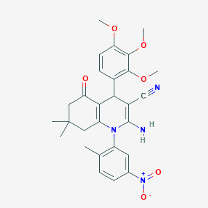 molecular formula C28H30N4O6 B445437 2-AMINO-7,7-DIMETHYL-1-(2-METHYL-5-NITROPHENYL)-5-OXO-4-(2,3,4-TRIMETHOXYPHENYL)-1,4,5,6,7,8-HEXAHYDRO-3-QUINOLINECARBONITRILE 