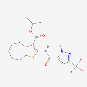 molecular formula C19H22F3N3O3S B445457 isopropyl 2-({[1-methyl-3-(trifluoromethyl)-1H-pyrazol-5-yl]carbonyl}amino)-5,6,7,8-tetrahydro-4H-cyclohepta[b]thiophene-3-carboxylate 