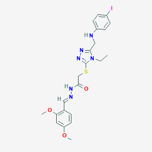 molecular formula C22H25IN6O3S B445494 N'-[(E)-1-(2,4-DIMETHOXYPHENYL)METHYLIDENE]-2-({4-ETHYL-5-[(4-IODOANILINO)METHYL]-4H-1,2,4-TRIAZOL-3-YL}SULFANYL)ACETOHYDRAZIDE 