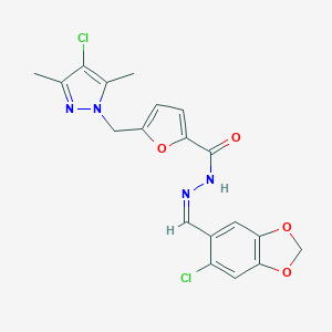 molecular formula C19H16Cl2N4O4 B445522 N'-[(6-chloro-1,3-benzodioxol-5-yl)methylene]-5-[(4-chloro-3,5-dimethyl-1H-pyrazol-1-yl)methyl]-2-furohydrazide 
