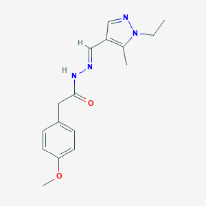 molecular formula C16H20N4O2 B445614 N'~1~-[(E)-1-(1-ETHYL-5-METHYL-1H-PYRAZOL-4-YL)METHYLIDENE]-2-(4-METHOXYPHENYL)ACETOHYDRAZIDE 