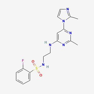 molecular formula C17H19FN6O2S B4456712 2-fluoro-N-(2-{[2-methyl-6-(2-methyl-1H-imidazol-1-yl)-4-pyrimidinyl]amino}ethyl)benzenesulfonamide 