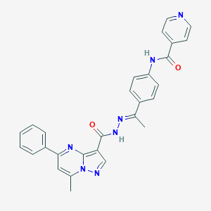 molecular formula C28H23N7O2 B445748 N-(4-{N-[(7-methyl-5-phenylpyrazolo[1,5-a]pyrimidin-3-yl)carbonyl]ethanehydrazonoyl}phenyl)isonicotinamide 