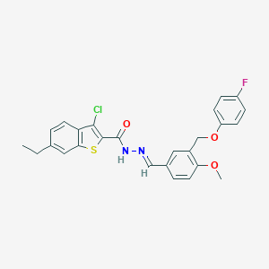 molecular formula C26H22ClFN2O3S B445877 3-chloro-6-ethyl-N'-{3-[(4-fluorophenoxy)methyl]-4-methoxybenzylidene}-1-benzothiophene-2-carbohydrazide 