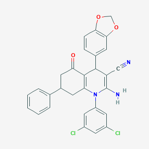 molecular formula C29H21Cl2N3O3 B445937 2-Amino-4-(1,3-benzodioxol-5-yl)-1-(3,5-dichlorophenyl)-5-oxo-7-phenyl-1,4,5,6,7,8-hexahydro-3-quinolinecarbonitrile 