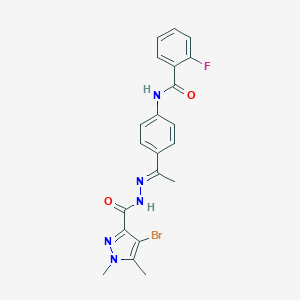 molecular formula C21H19BrFN5O2 B445952 N-{4-[(1E)-1-{2-[(4-bromo-1,5-dimethyl-1H-pyrazol-3-yl)carbonyl]hydrazinylidene}ethyl]phenyl}-2-fluorobenzamide 