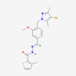 molecular formula C20H21BrN4O2S B446034 N'-[(E)-{4-[(4-bromo-3,5-dimethyl-1H-pyrazol-1-yl)methyl]-3-methoxyphenyl}methylidene]-3-methylthiophene-2-carbohydrazide 
