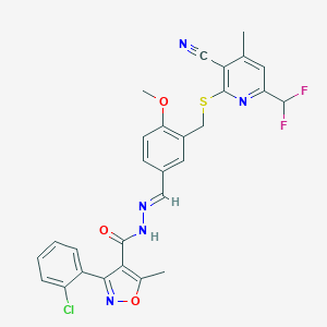 molecular formula C28H22ClF2N5O3S B446065 3-(2-chlorophenyl)-N'-[3-({[3-cyano-6-(difluoromethyl)-4-methyl-2-pyridinyl]sulfanyl}methyl)-4-methoxybenzylidene]-5-methyl-4-isoxazolecarbohydrazide 