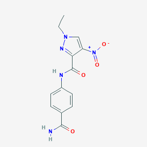molecular formula C13H13N5O4 B446072 N-[4-(aminocarbonyl)phenyl]-1-ethyl-4-nitro-1H-pyrazole-3-carboxamide 