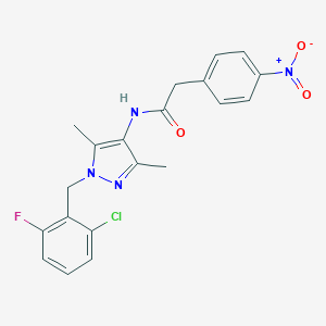 molecular formula C20H18ClFN4O3 B446121 N-[1-(2-chloro-6-fluorobenzyl)-3,5-dimethyl-1H-pyrazol-4-yl]-2-(4-nitrophenyl)acetamide 