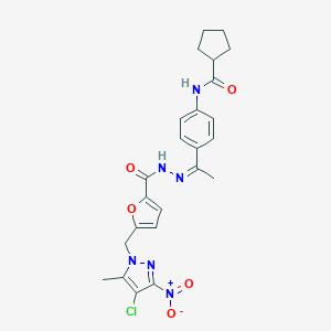 molecular formula C24H25ClN6O5 B446131 N-(4-{N-[5-({4-chloro-3-nitro-5-methyl-1H-pyrazol-1-yl}methyl)-2-furoyl]ethanehydrazonoyl}phenyl)cyclopentanecarboxamide 