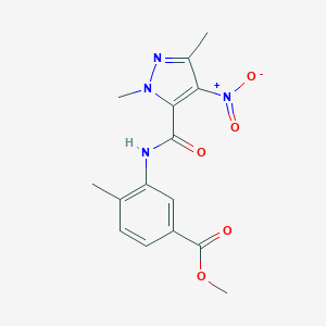 molecular formula C15H16N4O5 B446177 methyl 3-{[(1,3-dimethyl-4-nitro-1H-pyrazol-5-yl)carbonyl]amino}-4-methylbenzoate 