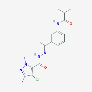 molecular formula C18H22ClN5O2 B446187 N-(3-{N-[(4-chloro-1,3-dimethyl-1H-pyrazol-5-yl)carbonyl]ethanehydrazonoyl}phenyl)-2-methylpropanamide 