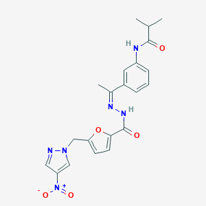 molecular formula C21H22N6O5 B446211 N-(3-{N-[5-({4-nitro-1H-pyrazol-1-yl}methyl)-2-furoyl]ethanehydrazonoyl}phenyl)-2-methylpropanamide 