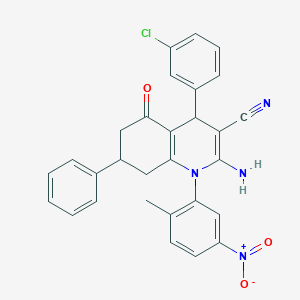 molecular formula C29H23ClN4O3 B446250 2-Amino-4-(3-chlorophenyl)-1-(2-methyl-5-nitrophenyl)-5-oxo-7-phenyl-1,4,5,6,7,8-hexahydroquinoline-3-carbonitrile 
