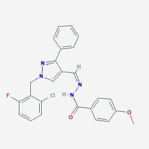 molecular formula C25H20ClFN4O2 B446267 N'~1~-{(Z)-1-[1-(2-CHLORO-6-FLUOROBENZYL)-3-PHENYL-1H-PYRAZOL-4-YL]METHYLIDENE}-4-METHOXYBENZOHYDRAZIDE 
