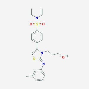 molecular formula C23H29N3O3S2 B446390 N,N-DIETHYL-4-[3-(3-HYDROXYPROPYL)-2-[(3-METHYLPHENYL)IMINO]-1,3-THIAZOL-4(3H)-YL]-1-BENZENESULFONAMIDE 