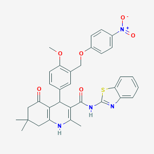 molecular formula C34H32N4O6S B446418 N-(1,3-BENZOTHIAZOL-2-YL)-4-{4-METHOXY-3-[(4-NITROPHENOXY)METHYL]PHENYL}-2,7,7-TRIMETHYL-5-OXO-1,4,5,6,7,8-HEXAHYDRO-3-QUINOLINECARBOXAMIDE 