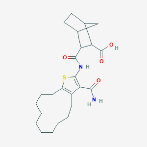 molecular formula C24H34N2O4S B446511 3-[(3-Carbamoyl-4,5,6,7,8,9,10,11,12,13-decahydrocyclododeca[b]thiophen-2-yl)carbamoyl]bicyclo[2.2.1]heptane-2-carboxylic acid 