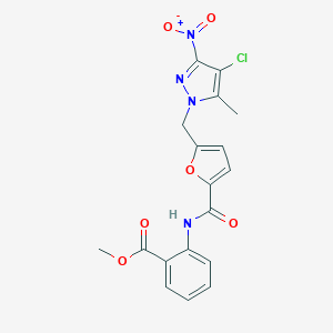 molecular formula C18H15ClN4O6 B446549 METHYL 2-[({5-[(4-CHLORO-5-METHYL-3-NITRO-1H-PYRAZOL-1-YL)METHYL]-2-FURYL}CARBONYL)AMINO]BENZOATE 
