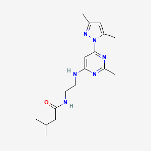 molecular formula C17H26N6O B4465786 N-(2-{[6-(3,5-dimethyl-1H-pyrazol-1-yl)-2-methyl-4-pyrimidinyl]amino}ethyl)-3-methylbutanamide 