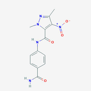 molecular formula C13H13N5O4 B446655 N~5~-[4-(AMINOCARBONYL)PHENYL]-1,3-DIMETHYL-4-NITRO-1H-PYRAZOLE-5-CARBOXAMIDE 