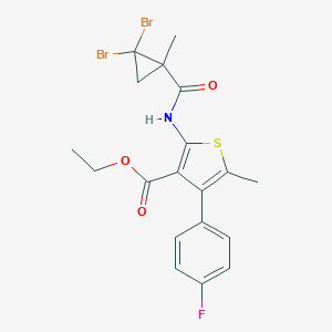 molecular formula C19H18Br2FNO3S B446714 Ethyl 2-{[(2,2-dibromo-1-methylcyclopropyl)carbonyl]amino}-4-(4-fluorophenyl)-5-methyl-3-thiophenecarboxylate 