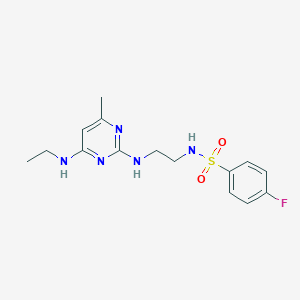 molecular formula C15H20FN5O2S B4467332 N-(2-{[4-(ethylamino)-6-methyl-2-pyrimidinyl]amino}ethyl)-4-fluorobenzenesulfonamide 