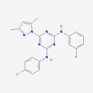 molecular formula C20H17ClFN7 B446774 N-(4-chlorophenyl)-6-(3,5-dimethyl-1H-pyrazol-1-yl)-N'-(3-fluorophenyl)-1,3,5-triazine-2,4-diamine 