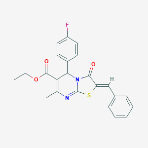molecular formula C23H19FN2O3S B446946 ETHYL (2Z)-5-(4-FLUOROPHENYL)-7-METHYL-3-OXO-2-(PHENYLMETHYLIDENE)-2H,3H,5H-[1,3]THIAZOLO[3,2-A]PYRIMIDINE-6-CARBOXYLATE 