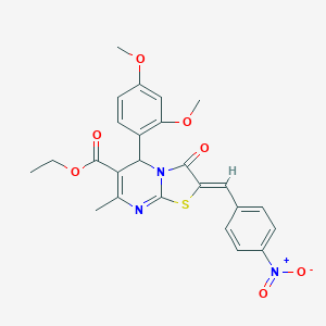 molecular formula C25H23N3O7S B446953 ETHYL 5-(2,4-DIMETHOXYPHENYL)-7-METHYL-2-[(4-NITROPHENYL)METHYLENE]-3-OXO-5H-[1,3]THIAZOLO[3,2-A]PYRIMIDINE-6(3H)-CARBOXYLATE 