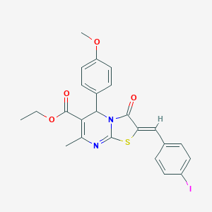 molecular formula C24H21IN2O4S B446956 ETHYL 2-[(4-IODOPHENYL)METHYLENE]-5-(4-METHOXYPHENYL)-7-METHYL-3-OXO-5H-[1,3]THIAZOLO[3,2-A]PYRIMIDINE-6(3H)-CARBOXYLATE 