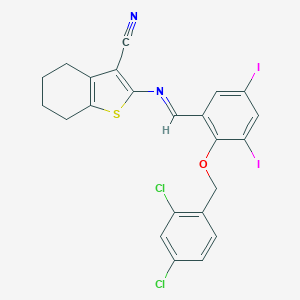molecular formula C23H16Cl2I2N2OS B447167 2-({2-[(2,4-Dichlorobenzyl)oxy]-3,5-diiodobenzylidene}amino)-4,5,6,7-tetrahydro-1-benzothiophene-3-carbonitrile 
