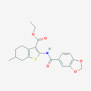 molecular formula C20H21NO5S B447323 Ethyl 2-[(1,3-benzodioxol-5-ylcarbonyl)amino]-6-methyl-4,5,6,7-tetrahydro-1-benzothiophene-3-carboxylate 